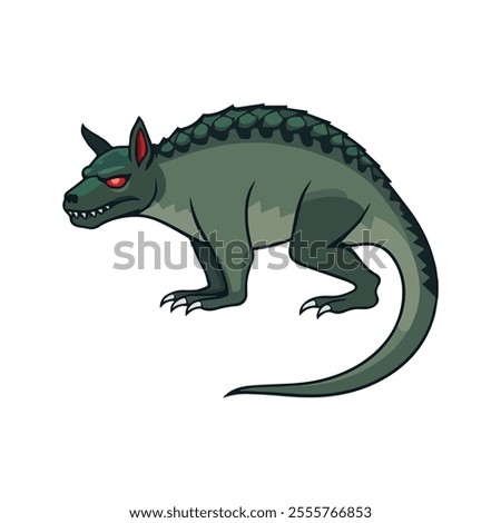 Chupacabra Flat Vector Illustration, Reptilian Features, Greenish Scales, Red Eyes, Sharp Claws, Minimalist Look, Clean Lines, White Background