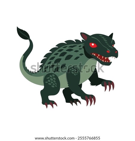 Chupacabra Flat Vector Illustration, Reptilian Features, Greenish Scales, Red Eyes, Sharp Claws, Minimalist Look, Clean Lines, White Background