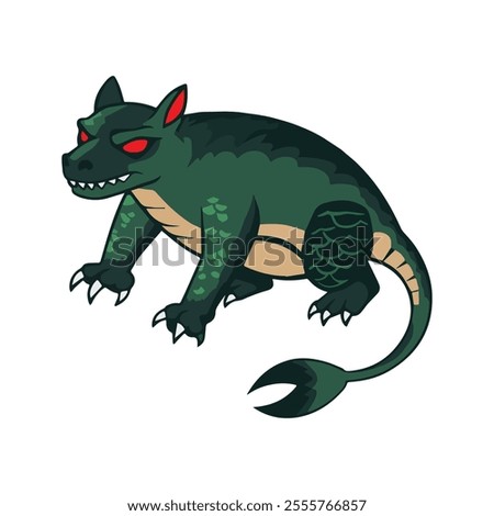 Chupacabra Flat Vector Illustration, Reptilian Features, Greenish Scales, Red Eyes, Sharp Claws, Minimalist Look, Clean Lines, White Background