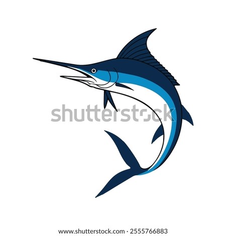 Flat illustration of a blue marlin with sleek blue body, sharp bill, streamlined shape, minimalistic design, clean background