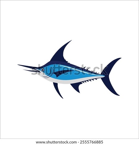 Flat illustration of a blue marlin with sleek blue body, sharp bill, streamlined shape, minimalistic design, clean background