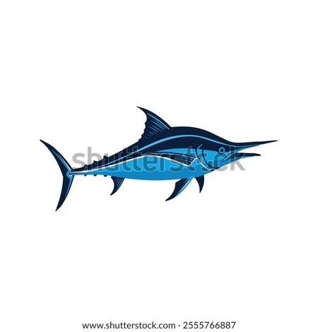 Flat illustration of a blue marlin with sleek blue body, sharp bill, streamlined shape, minimalistic design, clean background