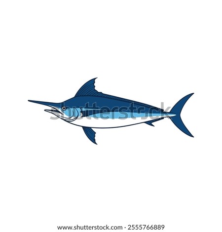 Flat illustration of a blue marlin with sleek blue body, sharp bill, streamlined shape, minimalistic design, clean background