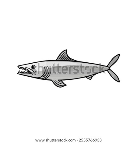 Flat vector illustration of a barracuda with sleek silver body, sharp teeth, streamlined shape, minimalistic design, modern aesthetic