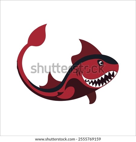 Flat vector illustration of a piranha with bold red body, sharp exaggerated teeth, sleek, asymmetrical shape, minimalistic design, modern aesthetic