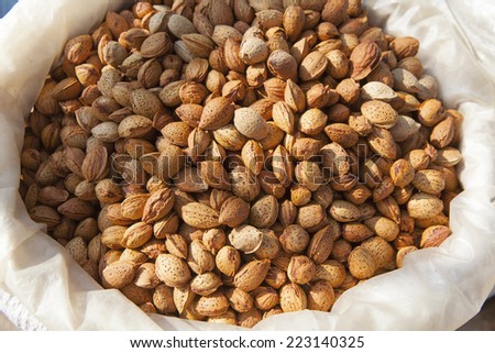 Walnuts in a big bag for sell in Sapa market, Vietnam