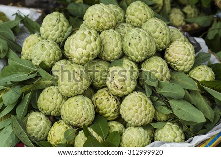 Fresh and ripe custard apples with green leafs for sale in Vietnam