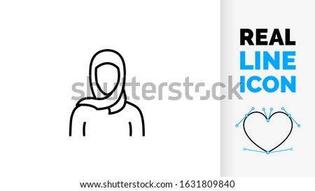 Vector real line icon of middle eastern woman in head scarf or hijab traditional Arabic islam clothing used by muslim girl and Arabian ethnic eastern faith people editable black stroke logo or symbol