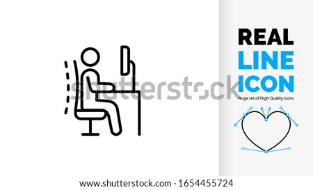 real line icon symbol of ergonomics office chair posture proper employee back body position for spine and neck care human stickman or stick figure pose on adjustable desk as black light stroke vector