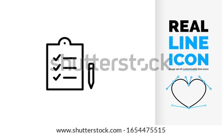 Vector editable real line icon of positive form or file with check list vink pictogram to evaluate something as a black rounded lines pictogram