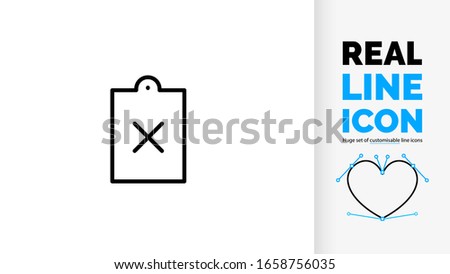 Vector editable real line icon of negative form with cross denied pictogram about a disagreement symbol to reject or turn down a refute on a clipboard file document on a white background