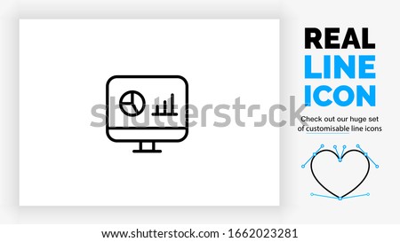 customisable real line icon of a data chart and graph presentation with a data analysis on a screen of a desktop computer with black rounded lines on a white background