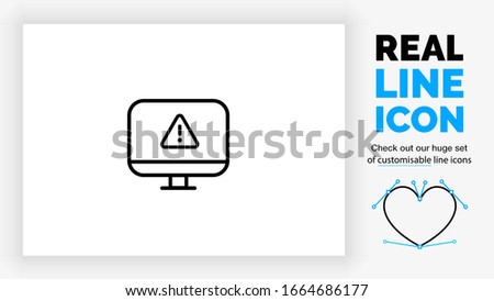 customisable real line icon of a pc standing with a warning sign caused by an error or virus in the computer system as a triangle wit exclamation point ! symbol in black lines on a white background