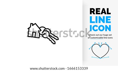 editable stroke real line icon of a key chain with a house symbol on it in a black outline design on a white background