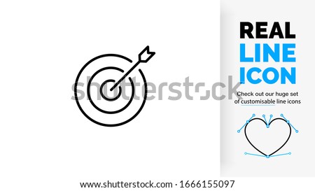 editable stroke real line icon of an arrow that hit the mark in the bullseye in a modern and clean design style on a white background