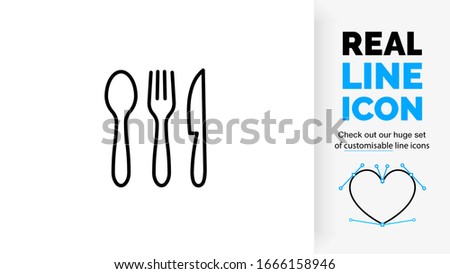 editable stroke real line icon of a spoon, knife and fork as a cutlery set in black modern and clean lines on a white background