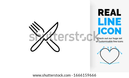 editable stroke real line icon of a knife and fork as a cutlery set crossing each other in black modern and clean lines on a white background
