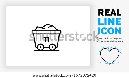 Editable real line icon of titanium in the mining industry as a rail wagon to transport raw material base metal ore with periodic table Ti element symbol in black lines on a white background