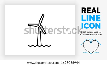Editable real line icon of a offshore windmill park in the green energy industry in black clean lines on a white background
