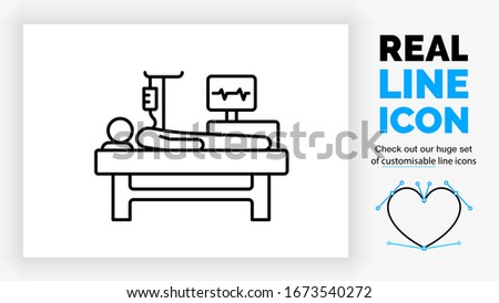 Editable real line icon of a patient in a hospital bed on the intensive care with an IV and a heart monitor measuring his pulse in black modern lines on a clean white background