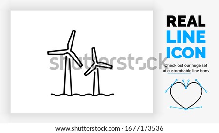 Editable real line icon of a offshore windmill park in the green energy industry in modern black lines on a clean white background