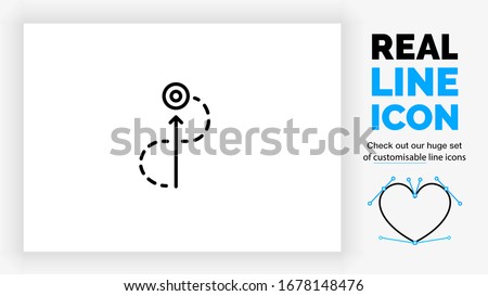 Editable real line icon of getting straight to the point in a shortcut with an arrow pointing to the center and a dotted line taking a detour in modern black lines on a clean white background in EPS