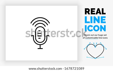 Customisable real line icon of a podcast sending out a sound signal to the internet in black modern lines on a clean white background as a EPS vector file