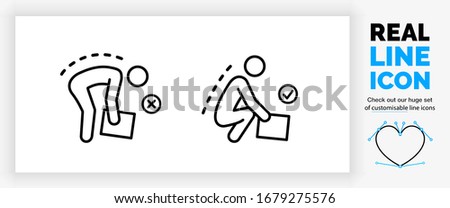 Editable real line icon of a stick figure person doing heavy lifting with a correct and incorrect posture picking up a big box in modern black lines on a clean white background as a EPS vector file