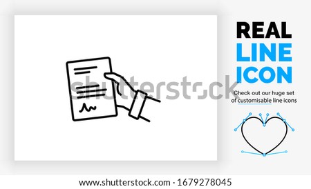 Editable real line icon of a business person giving a paper contract file with his hand with text on it and a symbol in modern black lines on a clean white background as a EPS vector document