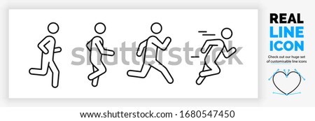 Editable real line icon set of a boy stick figure running fast and jogging to lose weight in a outline black lines on a clean white background vector file keeping in shape and fit healthy lifestyle