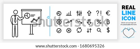 Editable real line icon set of a standing businessman stick figure giving a analytics presentation with a pie graph and data chart on a screen in black modern vector lines on a clean white background