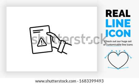 Editable real line icon of a business person giving a paper file with his hand with text on it and a warning symbol in modern black lines on a clean white background as a EPS vector document
