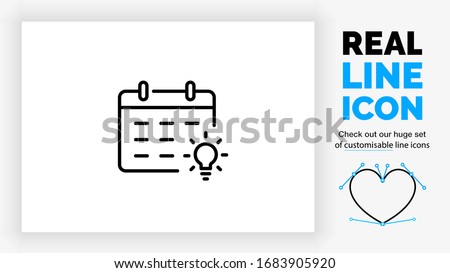 Editable real line icon of a hanging flip over calendar with the month to mark a date or event with a bright shining light bulb symbol in modern black lines on a clean white background