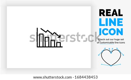 Editable real line icon of a stock market crash by decreasing value in form of a line and bar graph going down in modern black lines on a clean white background as a eps vector file