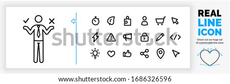 Editable real line icon of a business man stock figure in doubt with a choice between two options holding up his hands in doubt white standing in full body view in a suit and tie as a eps vector file