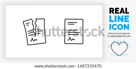 Editable real line icon of a contract with text and a signature and one being ripped apart because a employee got fired in modern black lines on a clean white background as a eps vector file