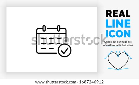 Editable real line icon of a hanging flip over calendar with a vink in a checkbox to agree on a date in modern black lines on a clean white background as a eps vector file