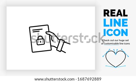 Editable real line icon of a business person giving a paper file with his hand with text and a lock down security symbol in modern black lines on a clean white background as a EPS vector document