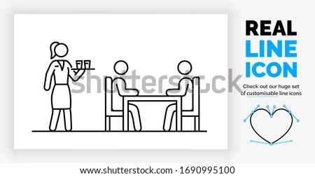 Editable real line icon of a stick figure waitress serving a table of customers with drinks in the food sector in modern customisable black lines on a clean white background as a eps vector file