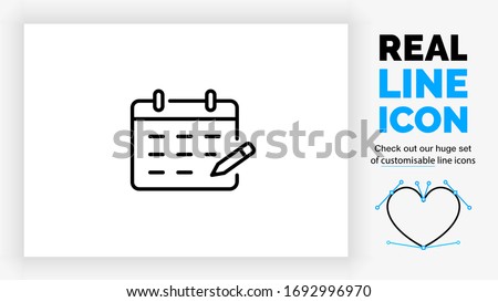Editable real line icon of a hanging flip over calendar with a a pencil writing down the date in modern black lines on a clean white background as a eps vector file