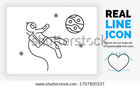 Editable real line icon of a spaceman stick figure in full body view floating in space with mars and stars in the background in modern black lines on a clean white background as a eps vector file