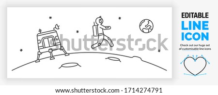 Editable line icon of a astronaut stick figure walking on the moon in low gravity with the spaceshuttle behind him with a satellite to contact earth as a linear black illustration and vector eps file