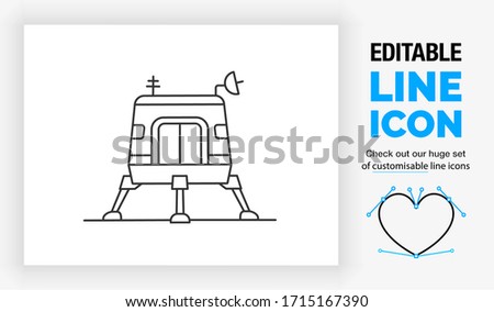 Editable line icon of a spaceshuttle standing on the moon with landing gear for space exploration and surface research with a satellite dish in a black linear illustration design as a eps vector file