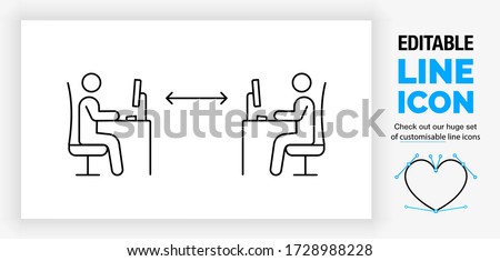 Editable line icon of two stick figure people working at their work desk with a computer in a office with social distance to prevent infection with the corona virus or covid 19 in a outline eps vector