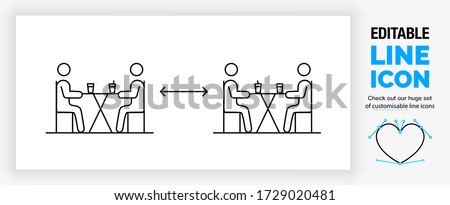 Editable line icon of two groups of stick figure people sitting at a table of a bar, cafe or restaurant keeping social distance to prevent spread of corona or Covid 19 virus as a outline eps vector