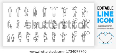 Editable line icon set of outline male and female stick figures standing in different poses with children as a toolkit collection for infographic design in a black stroke as a eps vector pictogram