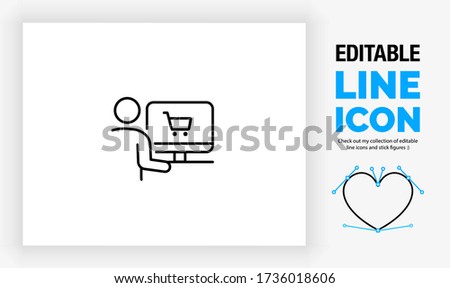 Editable line icon of a stick figure person sitting behind his desk on a computer buying online on a webshop with a shopping cart symbol on the screen in a black stroke as a eps vector graphic