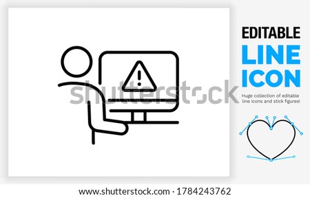 Editable line icon of a stick figure person sitting behind his desk on a desktop computer with a warning triangle sign with exclamation mark on his screen as a eps vector graphic design file 