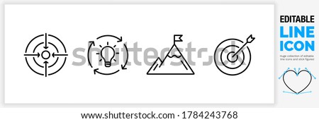 Editable line icon set of a business strategy symbol set for personal focus, creative thinking, brainstorm session, ambition, goal and target practice as a customisable black stroke eps vector graphic