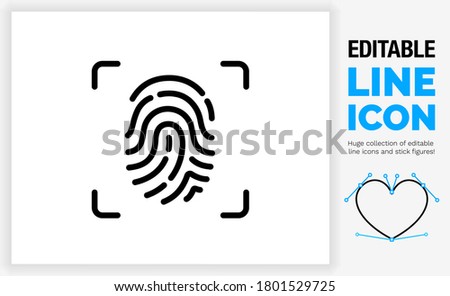 Editable line icon of a simple futuristic finger print scanner used for privacy and modern security identification in a customisable black thin stroke weight as a eps vector graphic